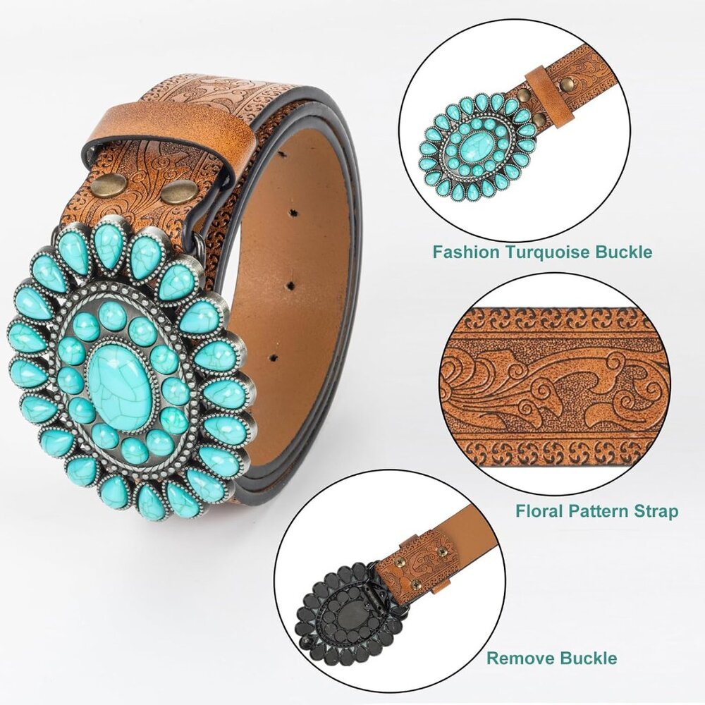 Women Western-Belts Rhinestone-Cowboy-Cowgirl Embossed Floral Pu Leather Bling-D - Picture 5 of 7